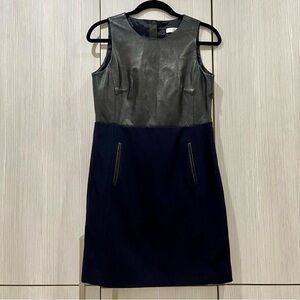 SANDRO | Sleeveless Leather Sheath Midi Dress |‎ Two Tone Black/Navy | Small